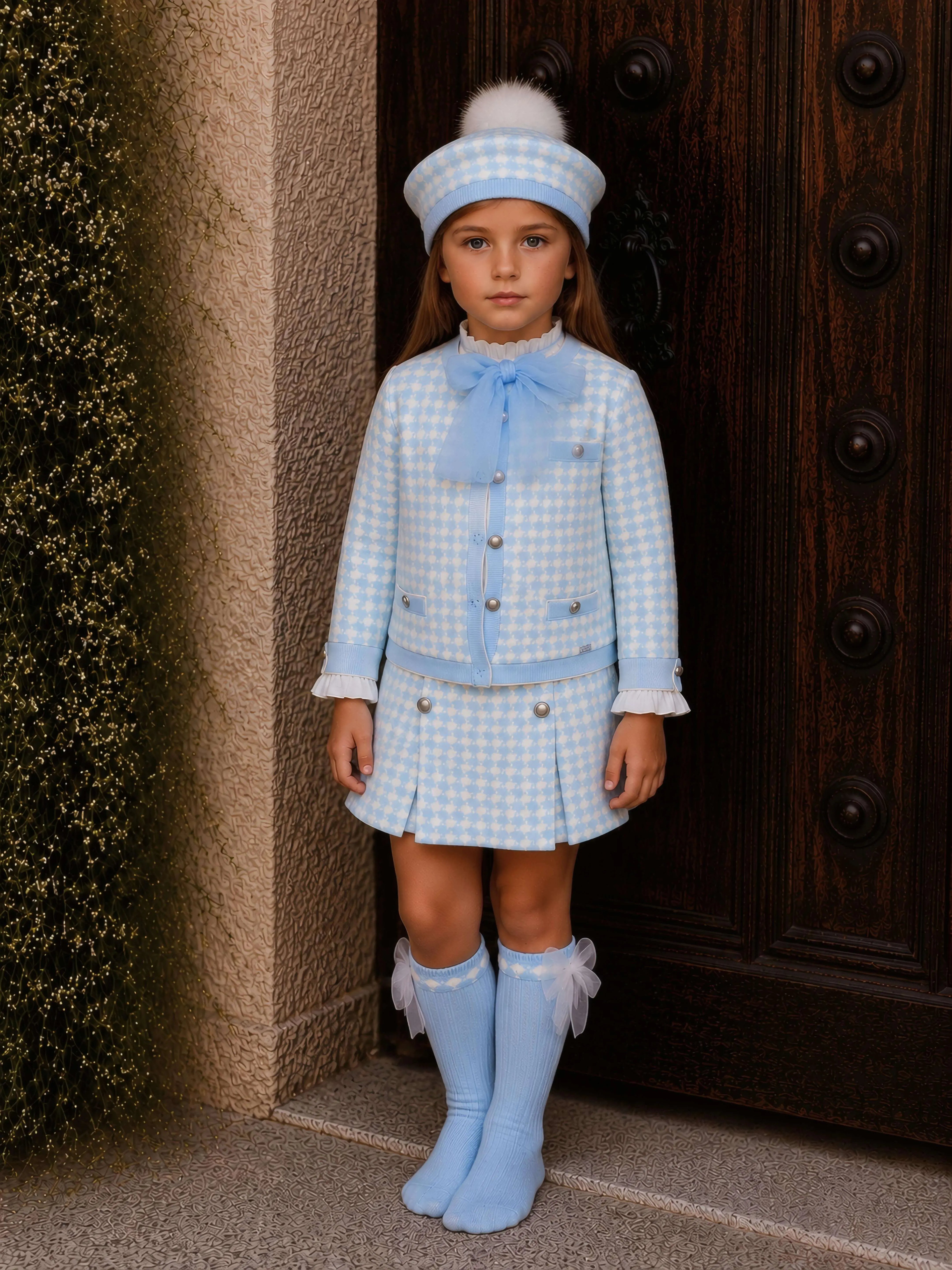 AW26 Rahigo EXCLUSIVE Baby Blue Knit Skirt Set with Cardigan, Beret & Socks Rahigo Moda Infantil