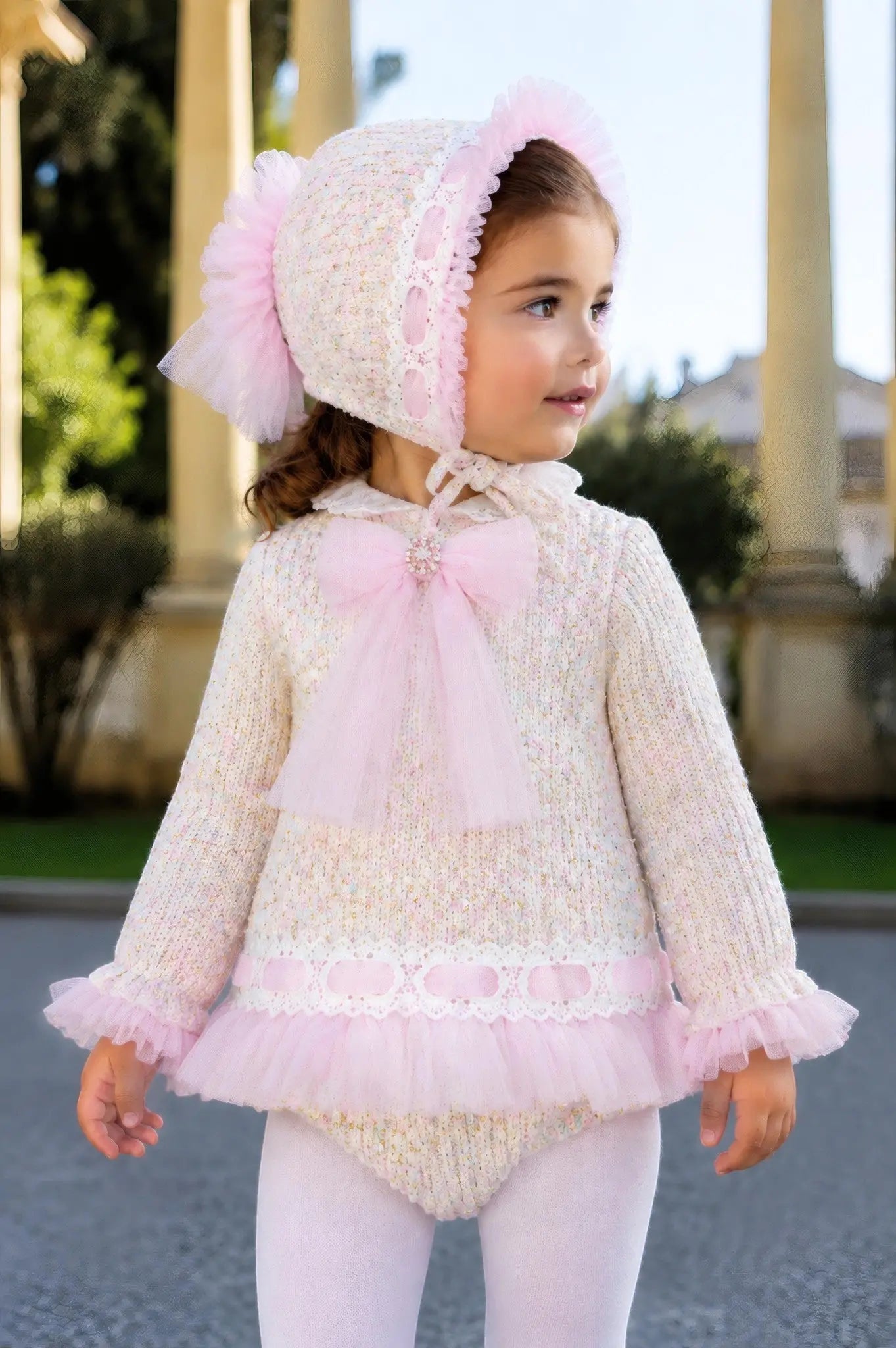 AW26 Naxos Pink Tweed Tulle Girls Bonnet - To Be Purchased Along With Our Naxos Collection Only Naxos