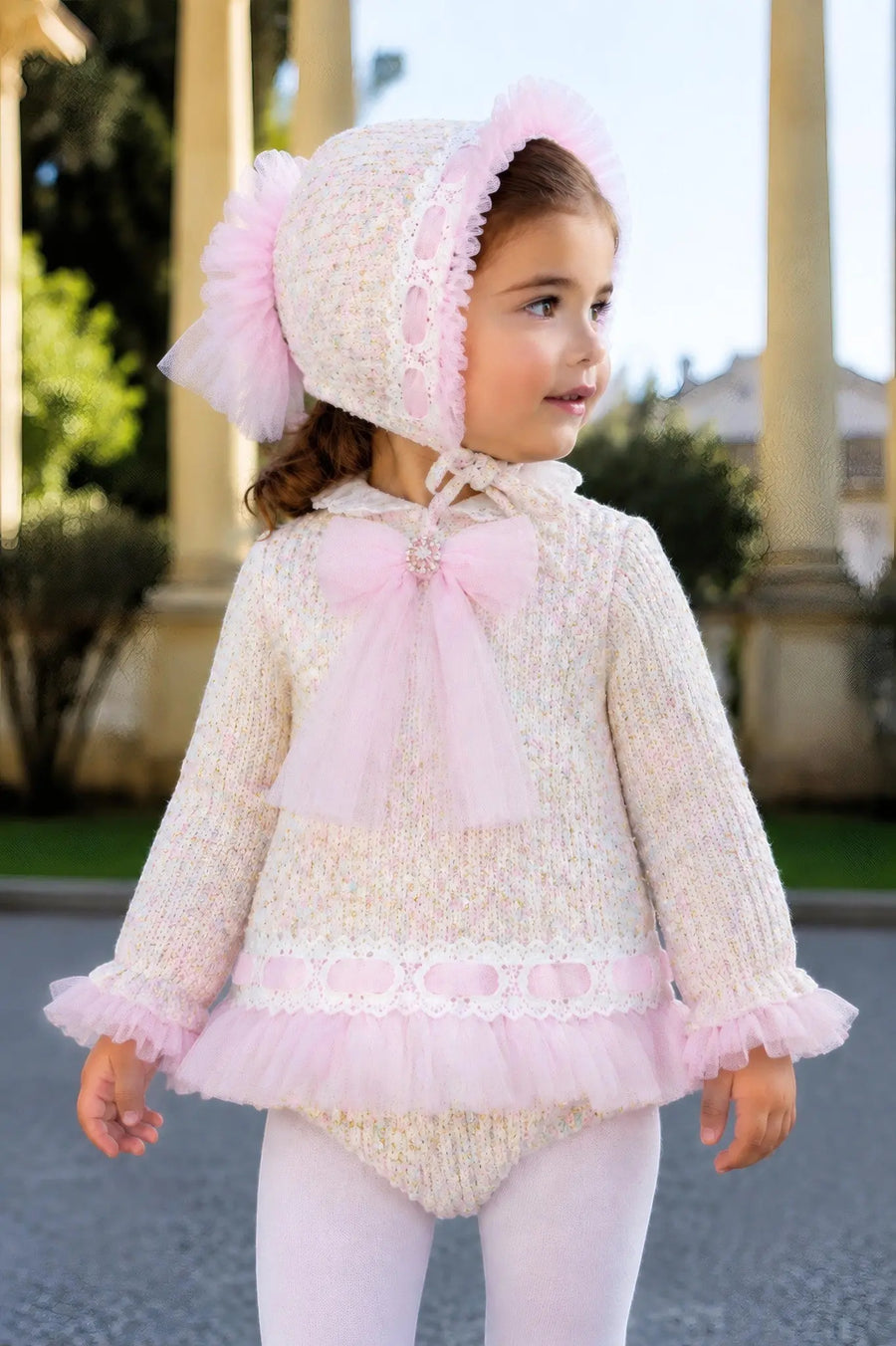 AW26 Naxos Pink Tweed Tulle Girls Bonnet with bow, available in sizes 3 Months to 3 Years.