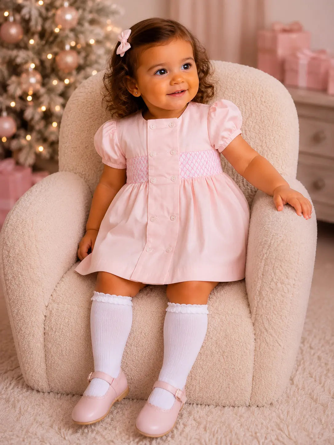 SS26 Baby Girls Pink Button Smock Dress & Knickers Dainty Delilah