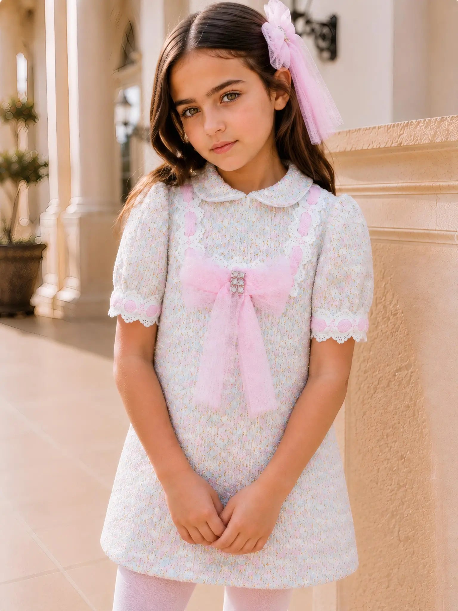 AW26 Naxos Pink Tweed Tulle Girls A Line Dress Naxos