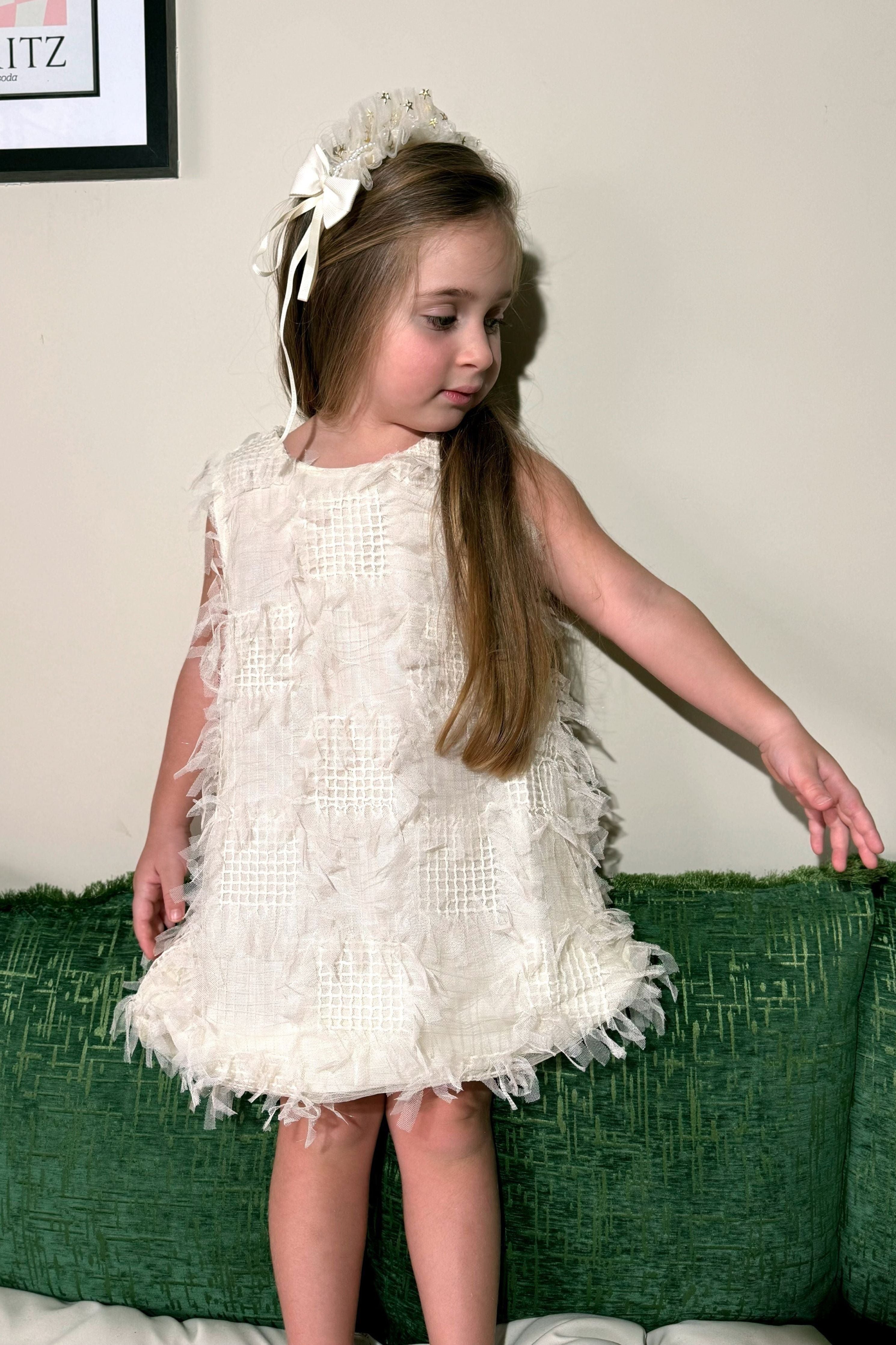 Girls Cream Tassle A Line Dress & Headband