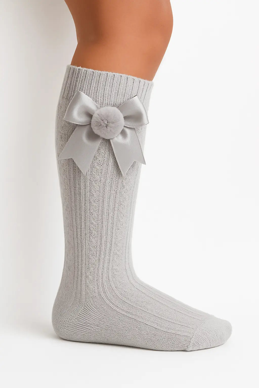 Grey Spanish Baby Girls PomPom Bow Knee Socks Dainty Delilah