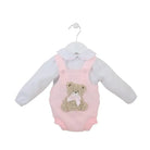 Pink knitted baby romper with teddy bear applique and white long-sleeve shirt on white hanger