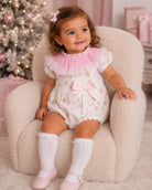 SS26 Baby Girls Pink Teddy Smock Romper Dainty Delilah