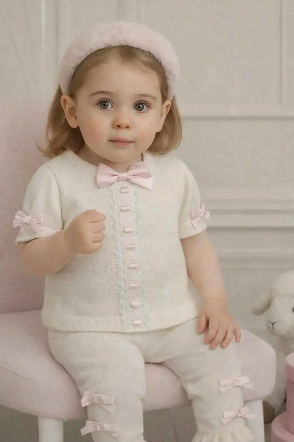 SS26 Girls Cream Knitted Bow Tracksuit