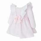Baby pink long-sleeve dress with ruffled collar and small bow on back for infants