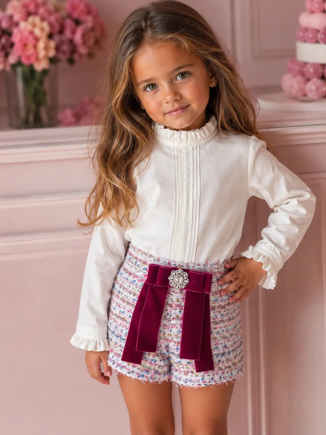 AW25 Naxos Girls Hot Pink Tweed Shirt & Short Set Naxos
