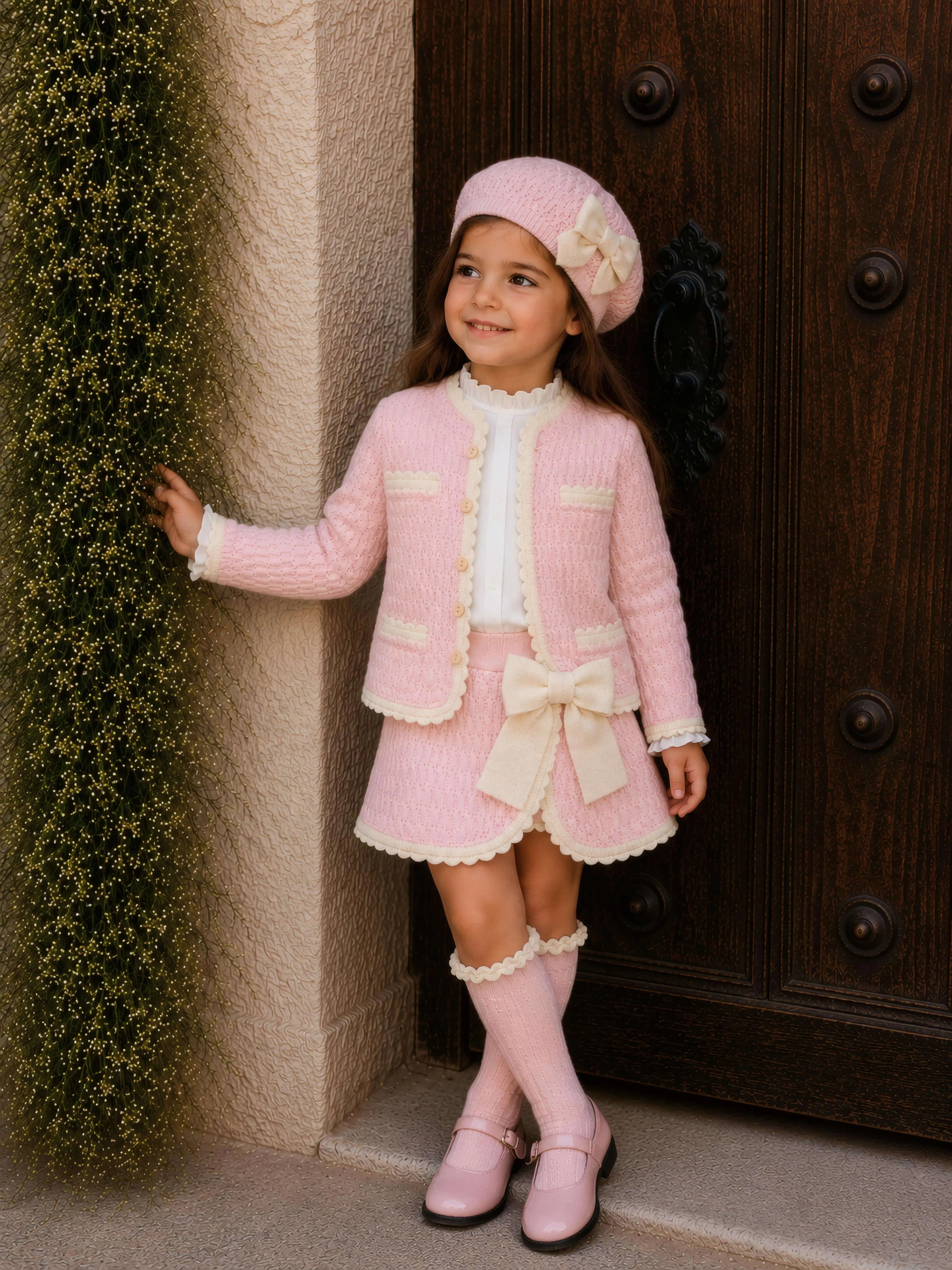 Rahigo AW26 Baby Pink & Cream Knit Skirt Set with Cardigan, Beret & Socks Rahigo Moda Infantil