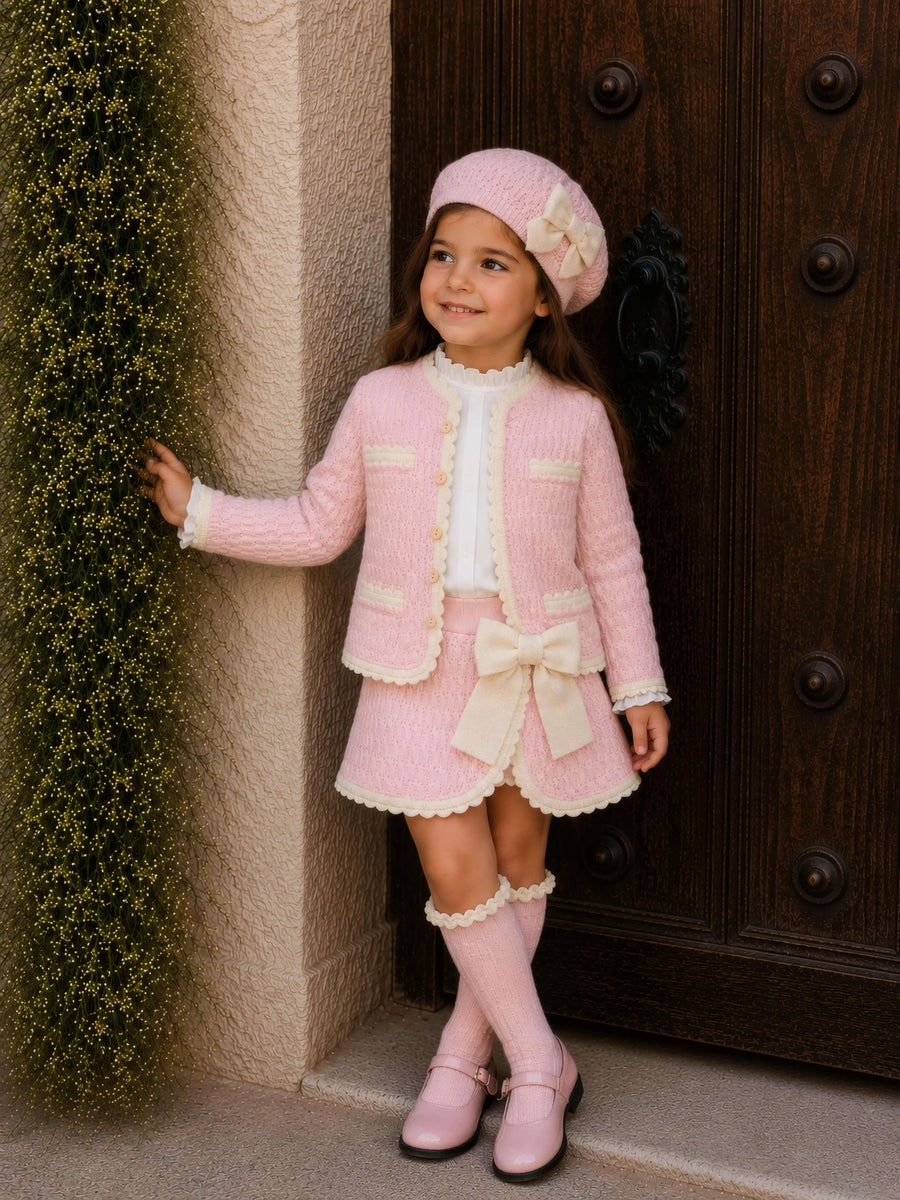 Rahigo AW26 Baby Pink & Cream Knit Skirt Set with Cardigan, Beret & Socks, available in sizes 4 to 12 years.