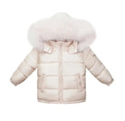 Cream-colored puffer winter jacket with fur-lined hood and front zip pockets