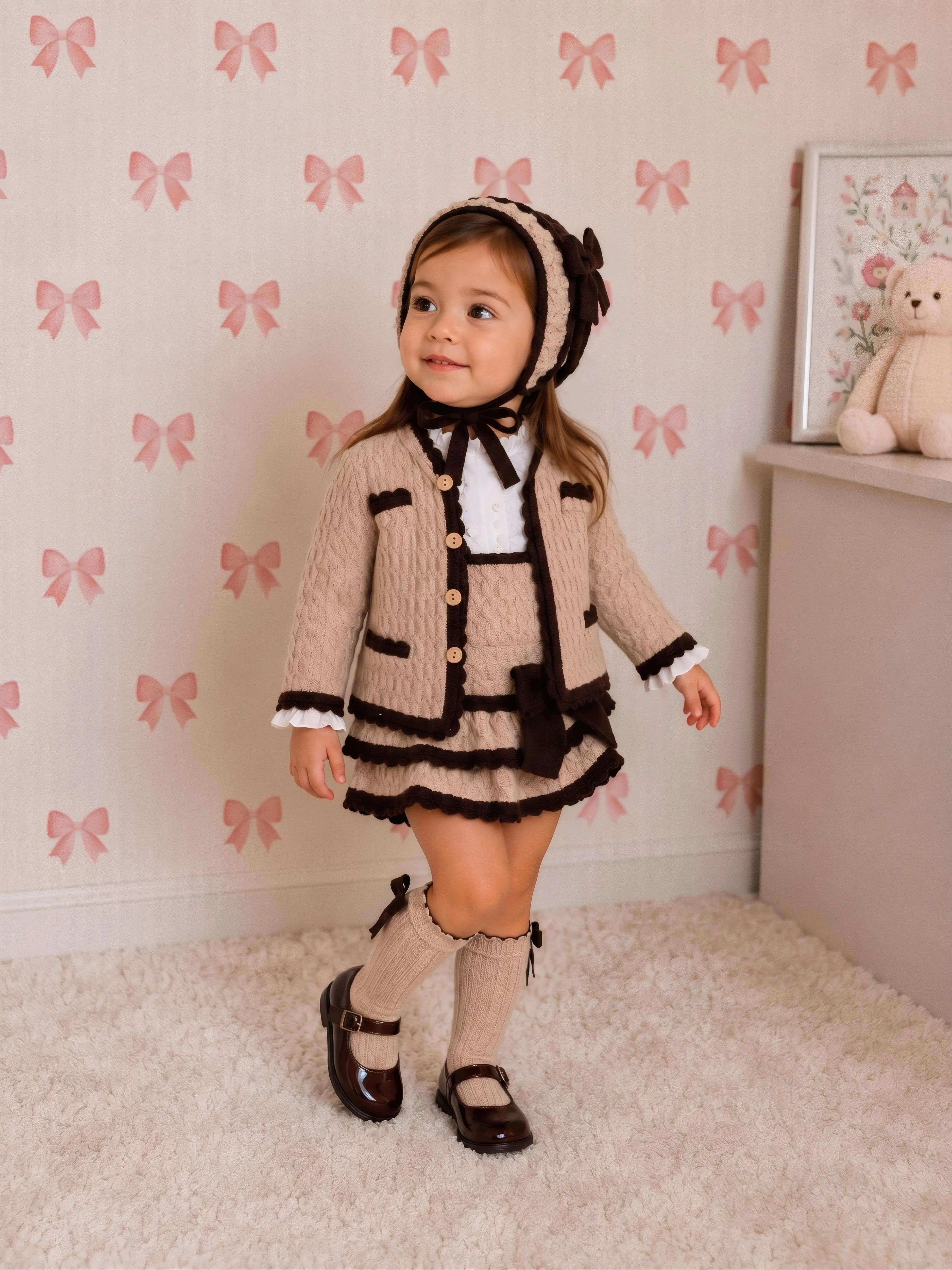 AW26 Rahigo Baby Girls Camel & Brown Cardigan,Pinafore,Shirt,Bonnet & Socks Rahigo Moda Infantil