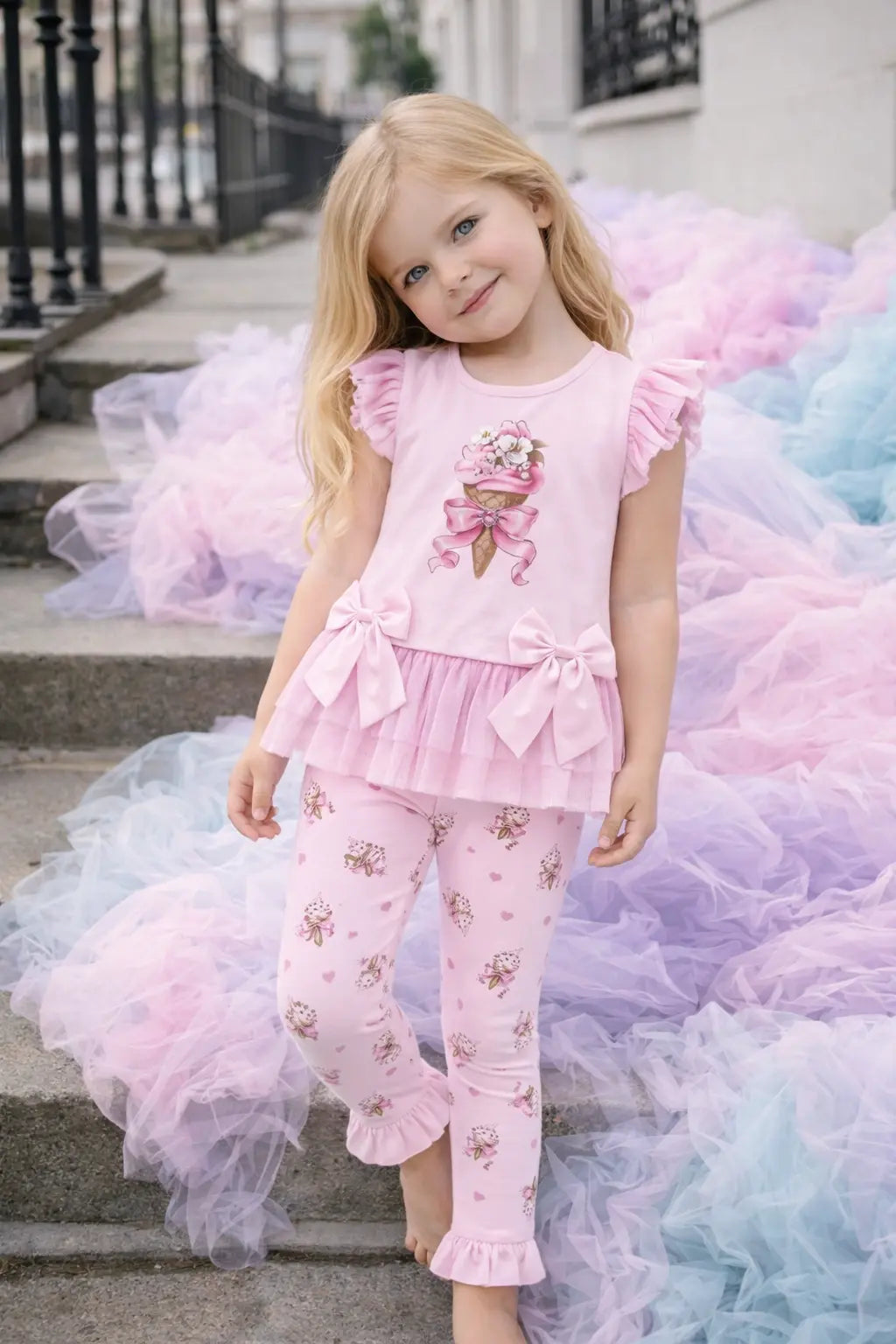 SS26 Girls Pink Tulle Ice Cream T-Shirt & Legging Set Dainty Delilah