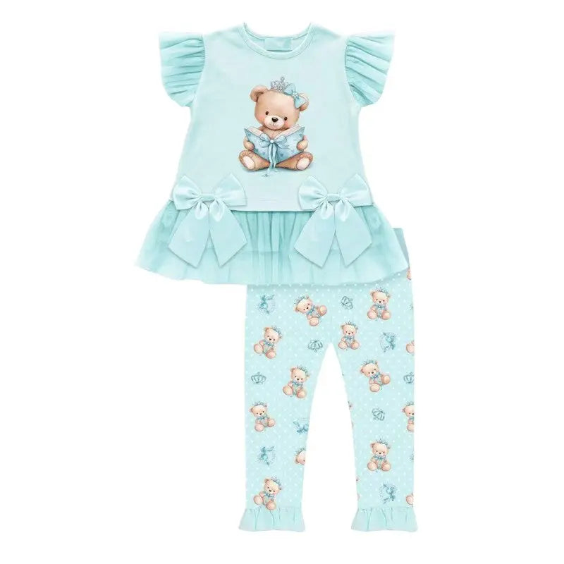 SS26 Girls Mint Tulle Teddy Bear T-Shirt & Legging Set Dainty Delilah