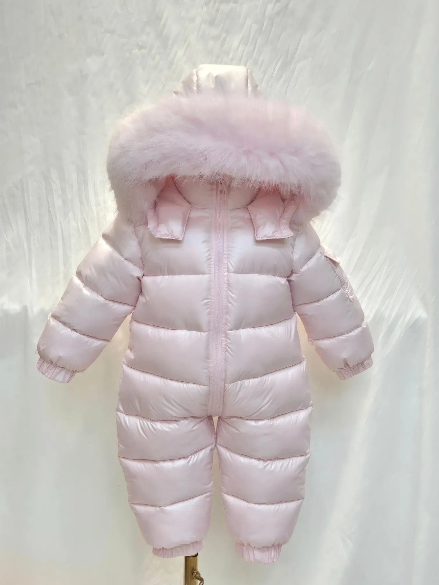 Baby Pink Detachable Fur Cuff Snowsuit - In Stock Dainty Delilah