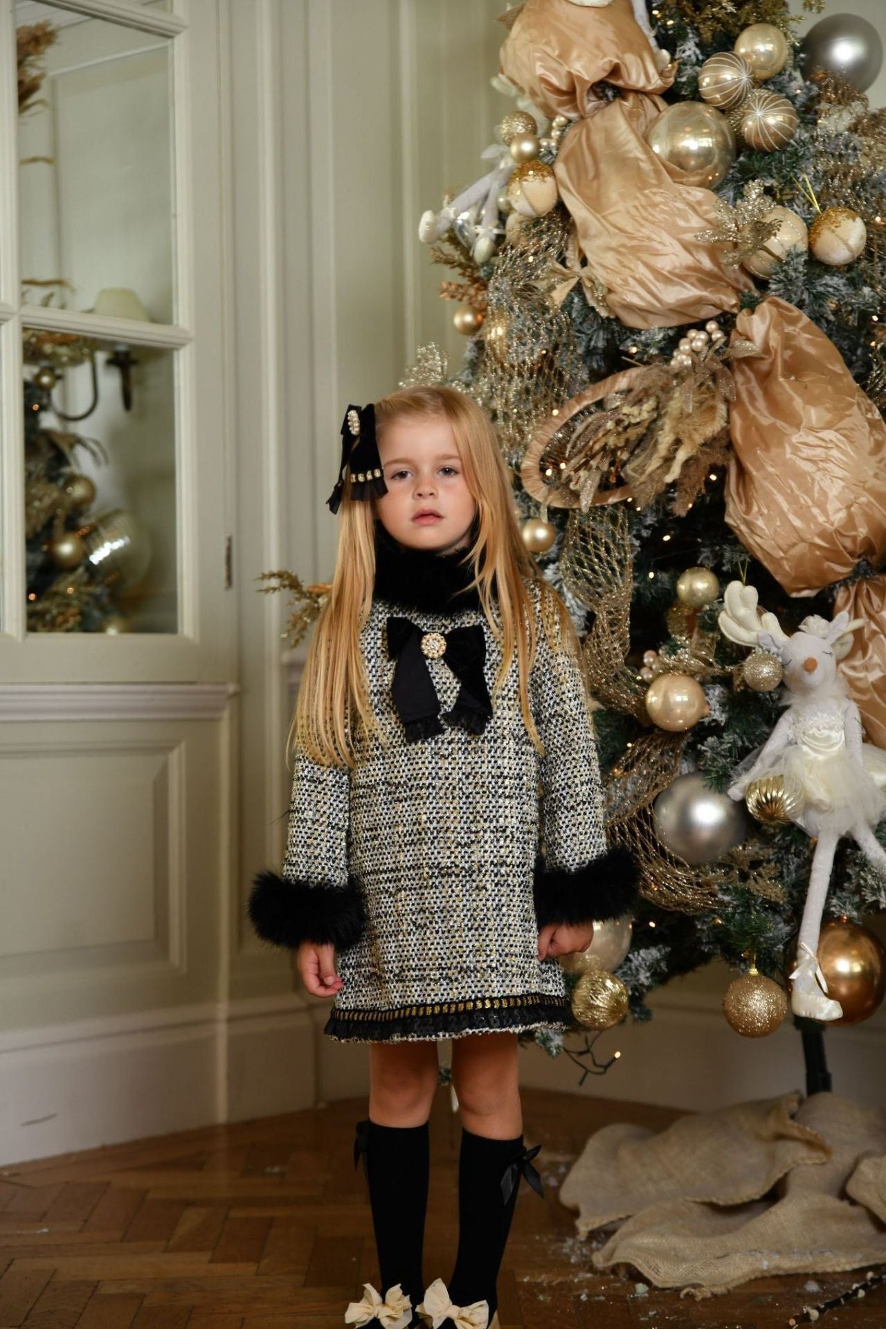 AW24 Naxos Girls Black Chanel Tweed Fur Dress