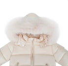 Light beige puffer winter jacket with large fluffy fur hood and zippered pockets