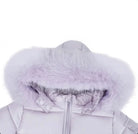 Light lavender puffer jacket with fluffy fur-lined hood and front zipper