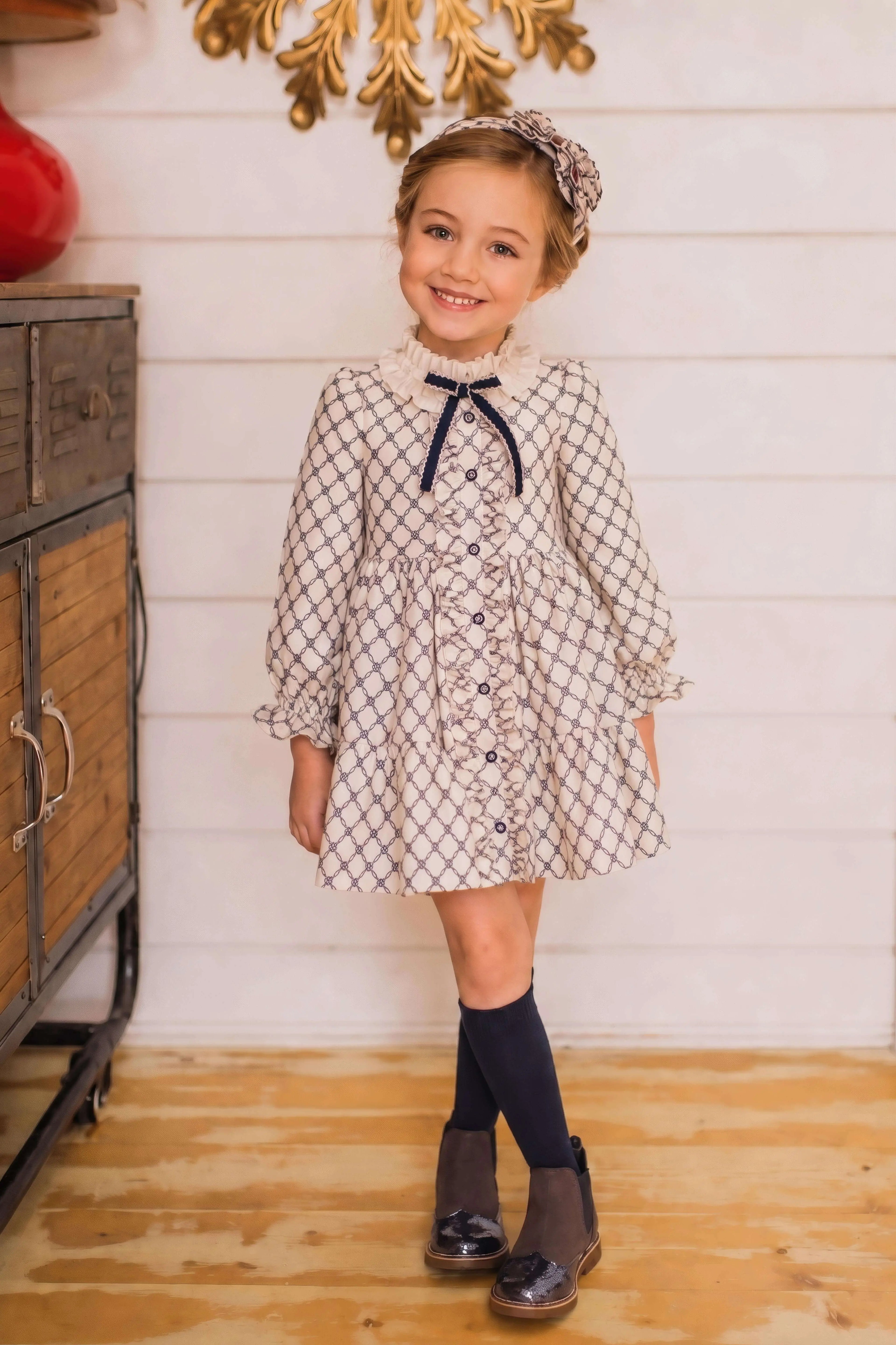 AW26 Rochy Girls Navy & Cream Print Dress Rochy