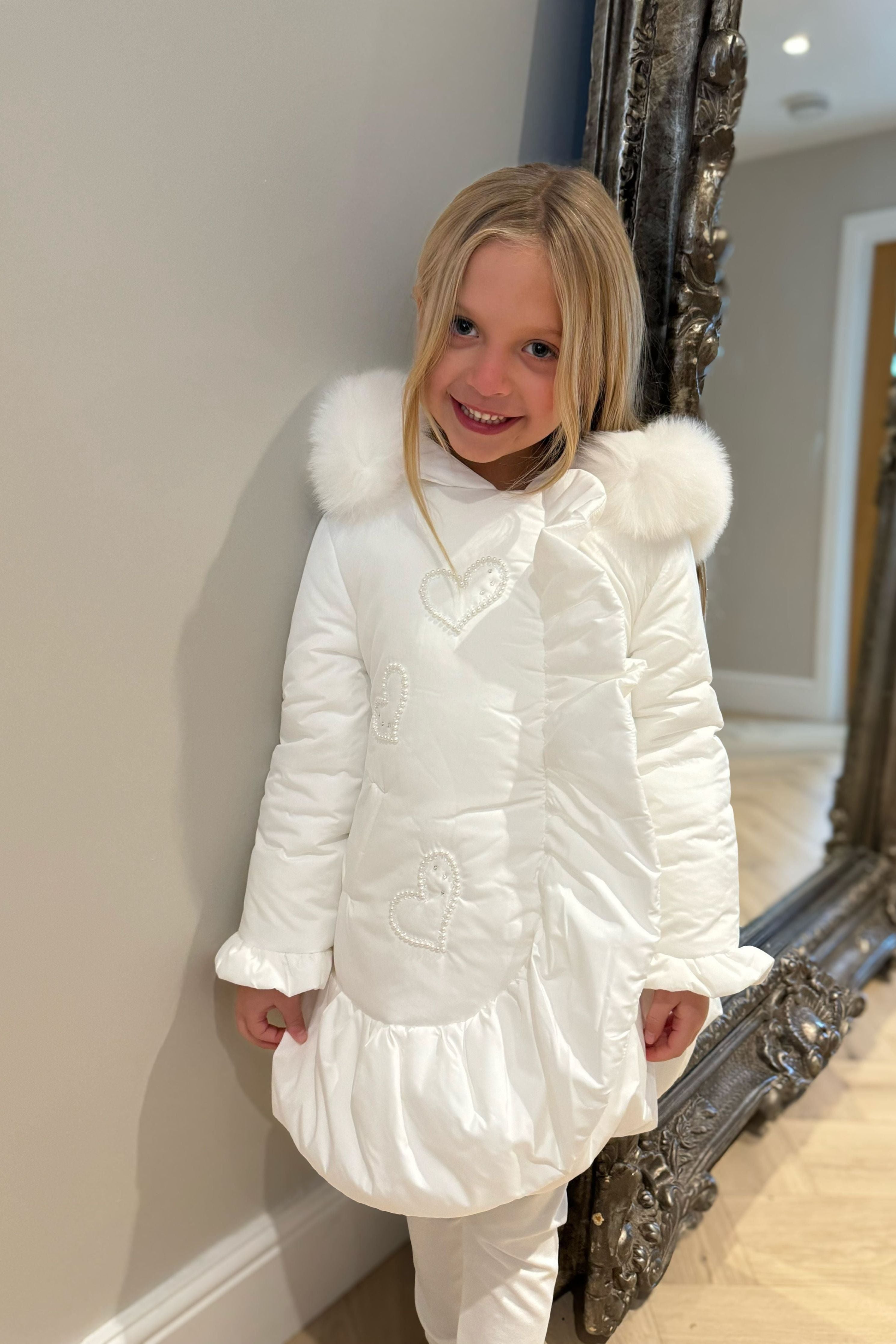 AW24 Bimbalo Girls Cream Heart Pearl Coat