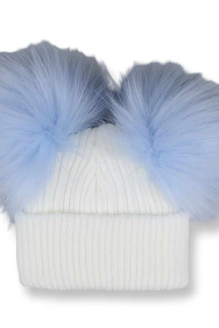 Baby Blue Double Pom Pom White Hat