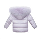 Back view of light purple puffer jacket with a large fluffy fur hood