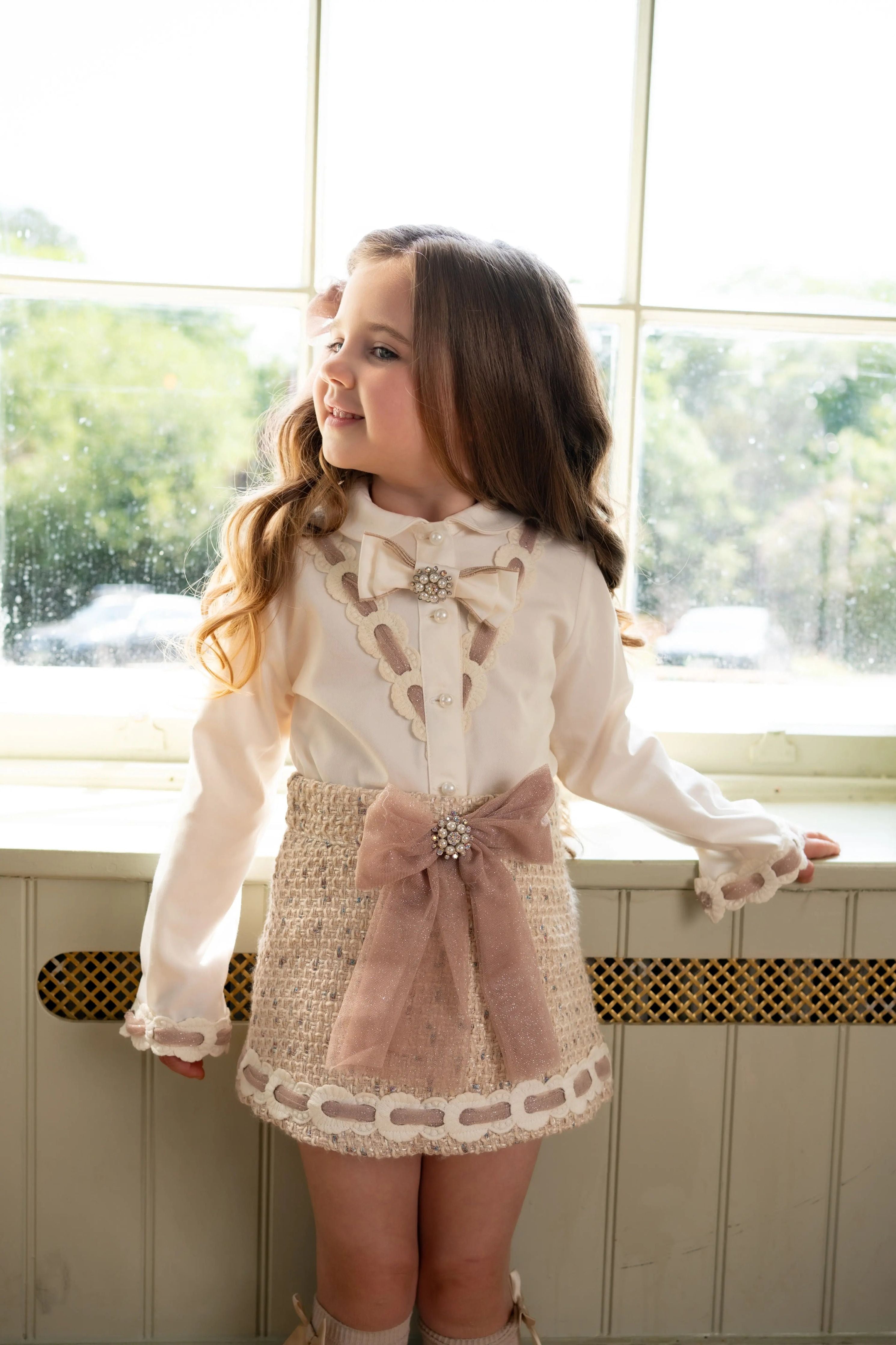 AW25 Naxos Girls Beige Glitter Tweed Blazer & Skirt Set Naxos