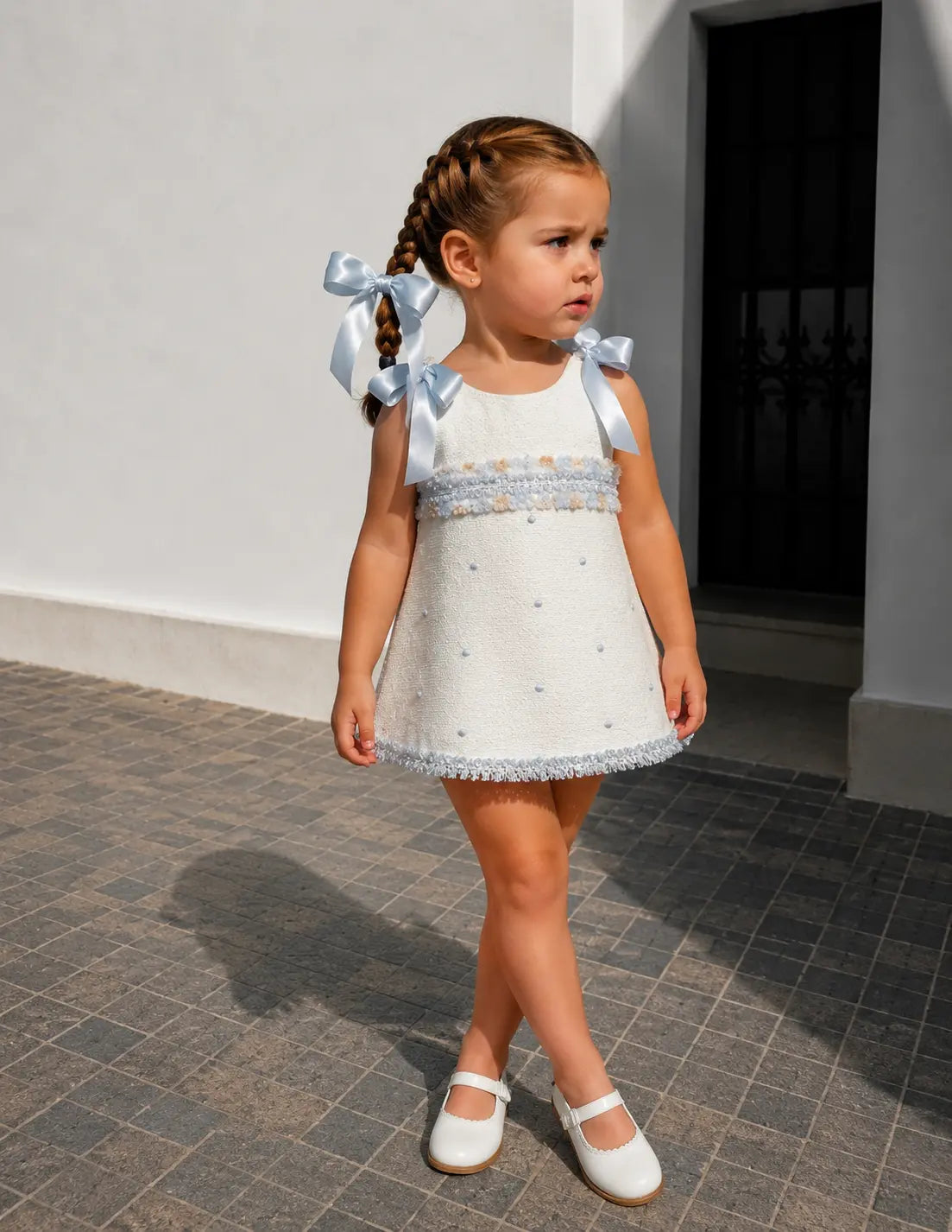 SS26 Baby Girls Blue Spot Open Back Tulle Dress Dainty Delilah