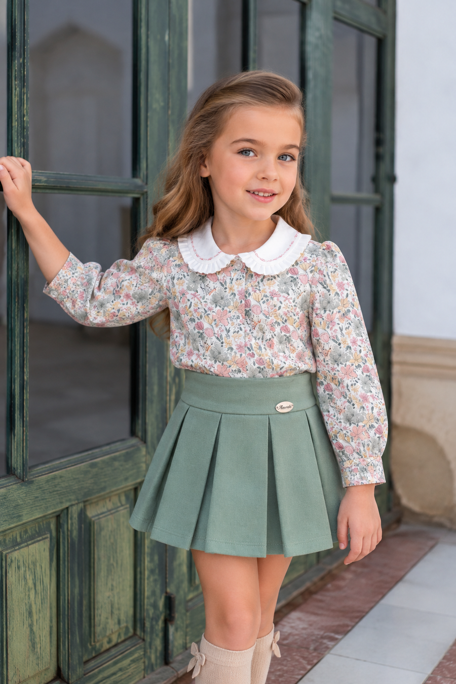 AW26 Girls Miranda Floral Shirt & Skirt, featuring a floral long-sleeve blouse and burgundy velvet skirt. Sizes Available: 4 Years, 5 Years, 6 Years, 8 Years, 10 Years, 12 Years, 14 Years.