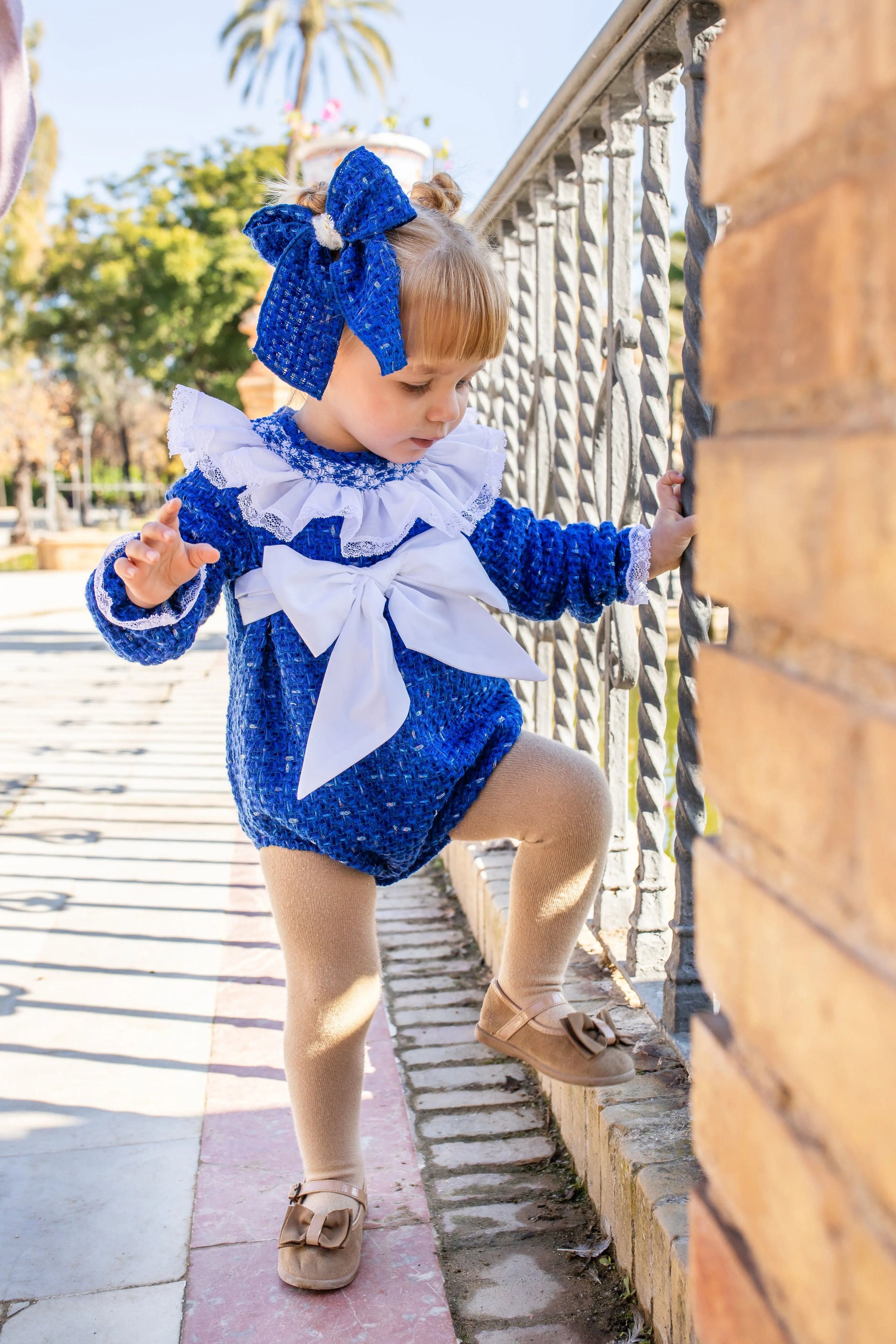 AW25 Naxos Baby Girls Royal Blue Tweed Bow Romper Naxos