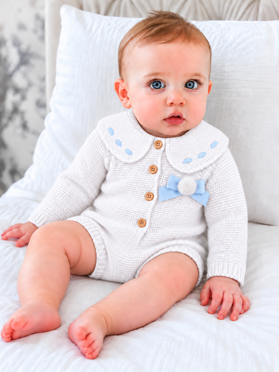AW26 White & Blue Ribbon Knitted Baby Romper