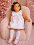 SS26 Baby Girls White & Pink Pique A Line Dress Dainty Delilah
