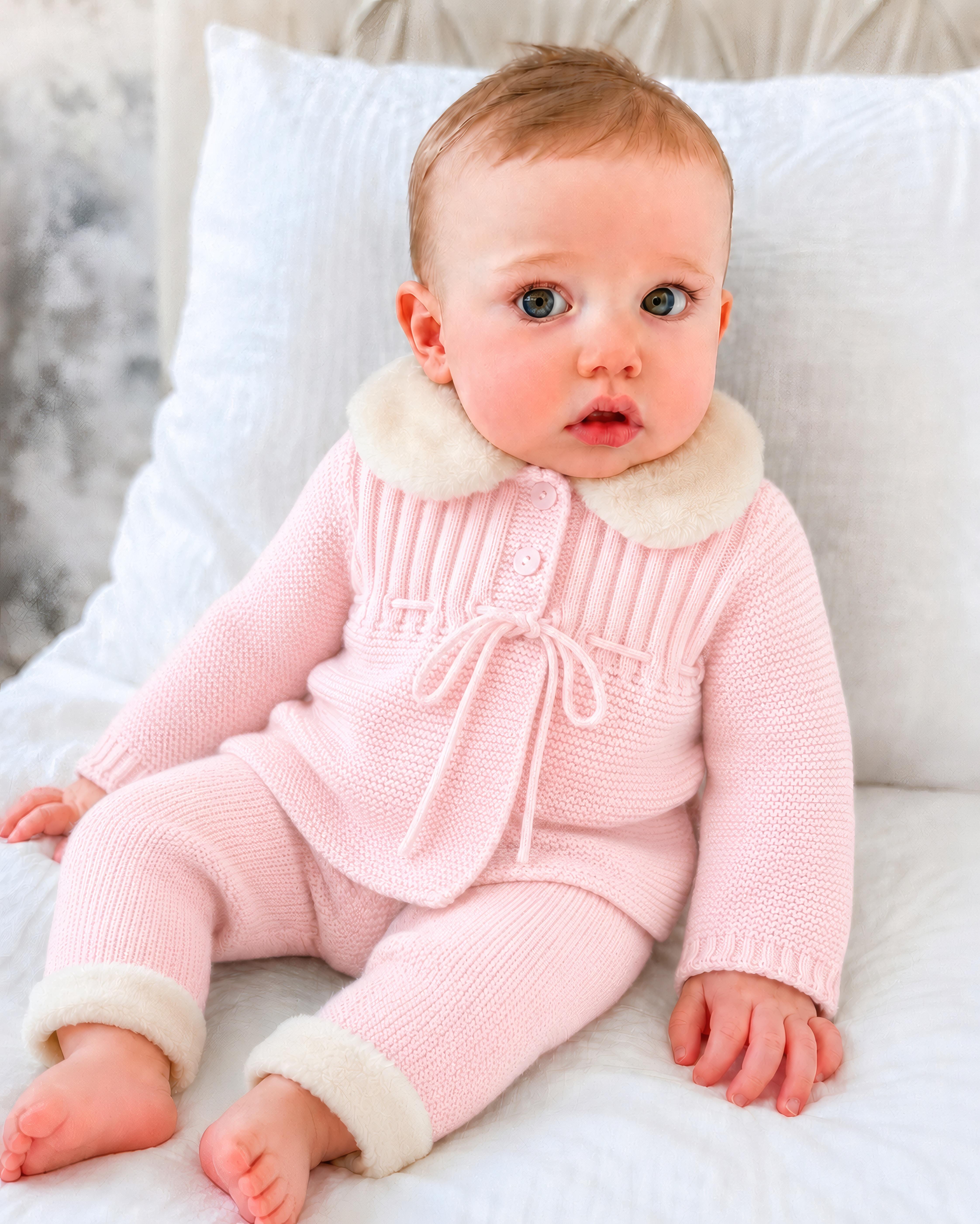 AW26 Baby Girls Pink Knitted Fur House Coat & Legging Set in pink with Peter Pan collar, available in sizes 1-5 years.