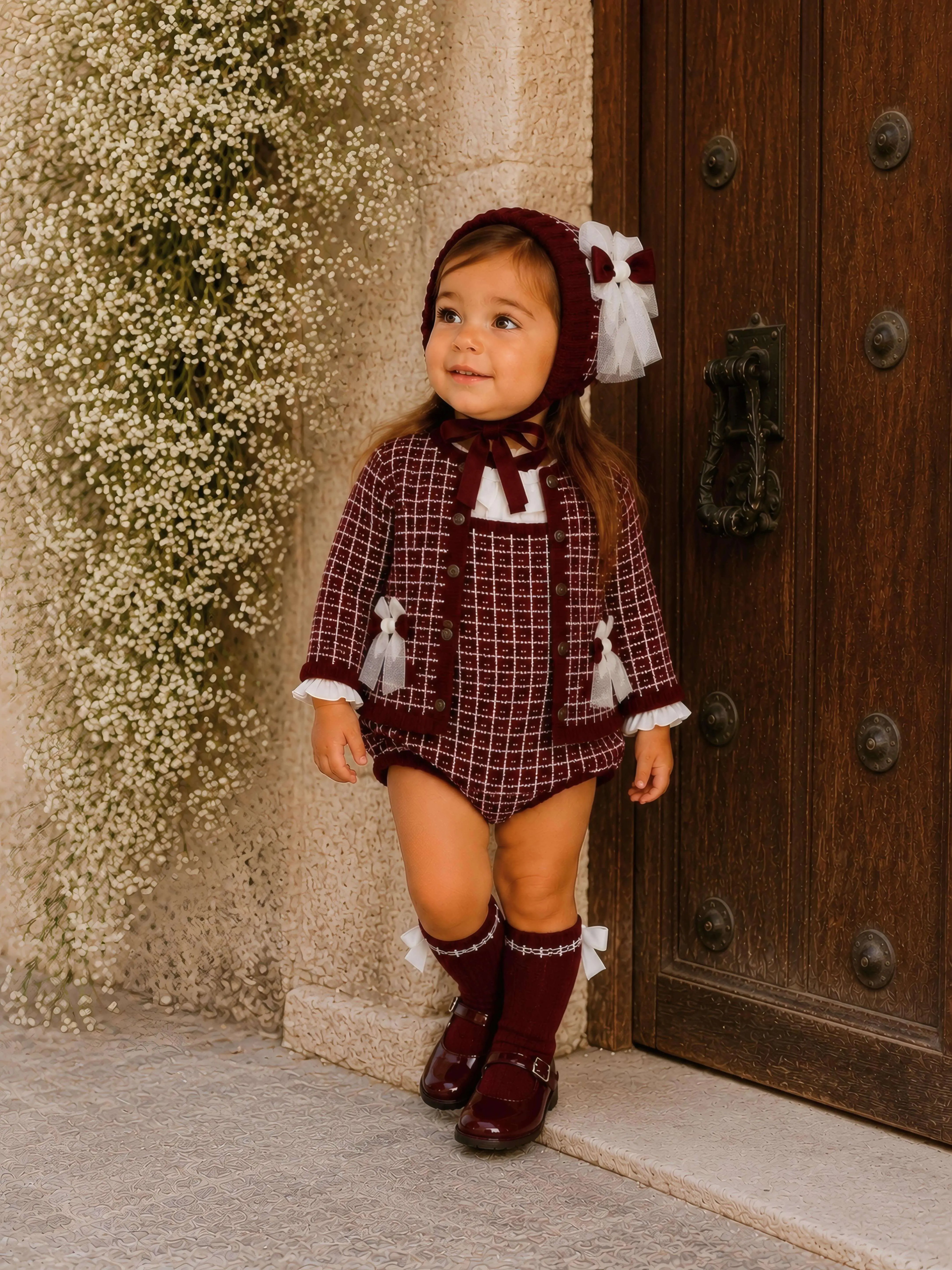 AW26 Rahigo Baby Girls Burgundy Cardigan,Pinafore,Shirt,Bonnet & Socks Rahigo Moda Infantil