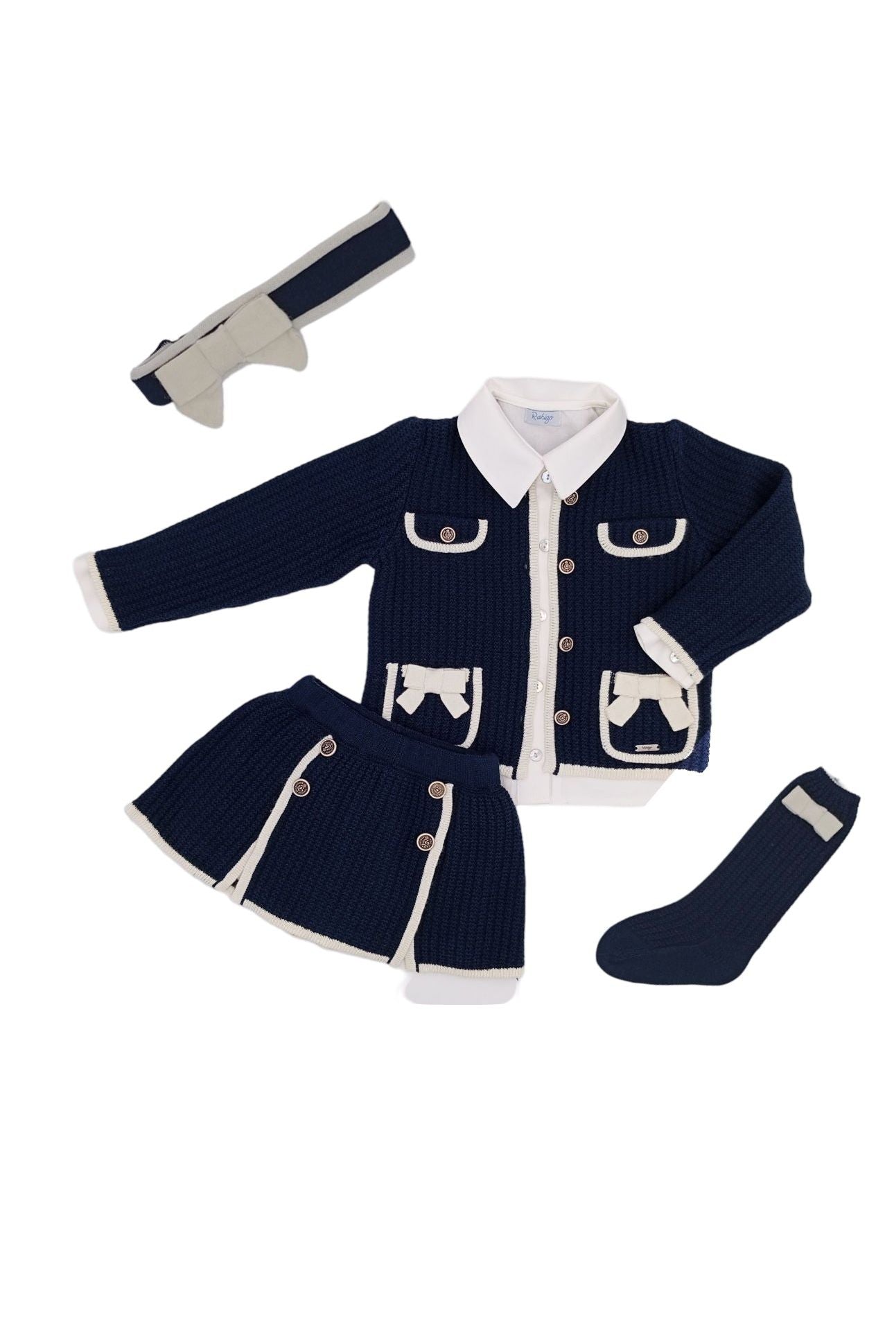 AW24 Rahigo Navy & Cream Girls Set, Socks & Headband