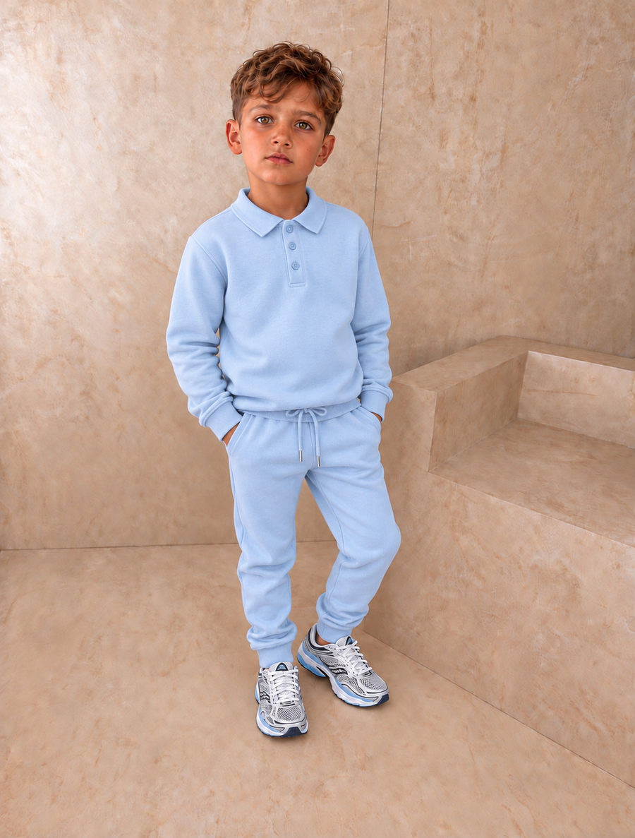 AW26 Boys Blue Polo Top Plain Cotton Tracksuit