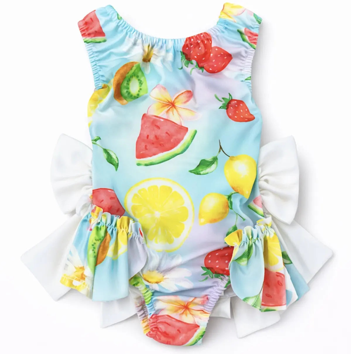 Girls Summer Blue Fruit Frilly Bow Swimming Costume Dainty Delilah