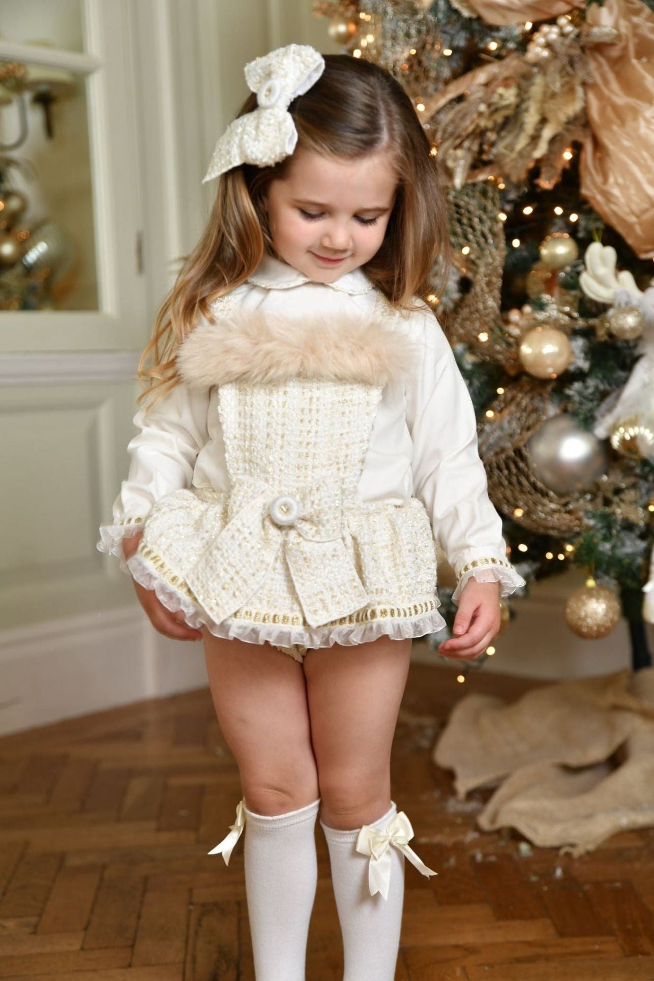 AW24 Naxos Baby Girls Cream Chanel Tweed Romper Set PRE ORDER