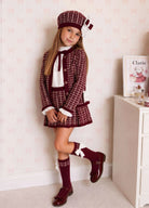 AW26 Rahigo Burgundy Knit Skirt Set with Cardigan, Beret & Socks Rahigo Moda Infantil