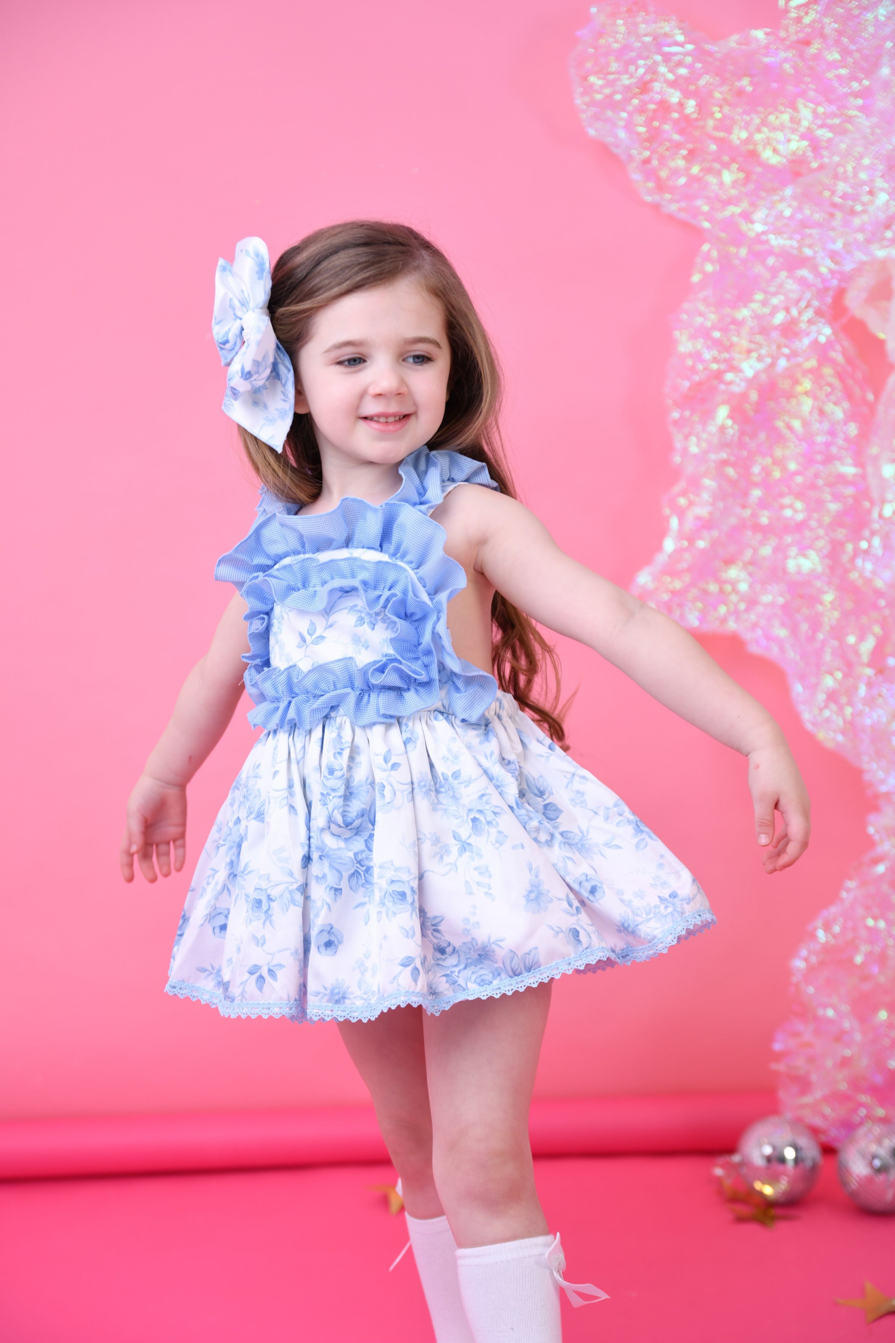 SS25 Ela Confeccion Blue Toile Dress, Knickers & Bonnet