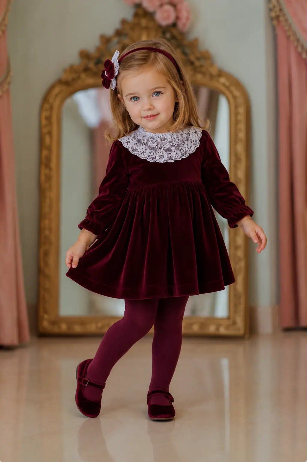 AW26 Miranda Baby Girls Burgundy Velvet Dress Miranda
