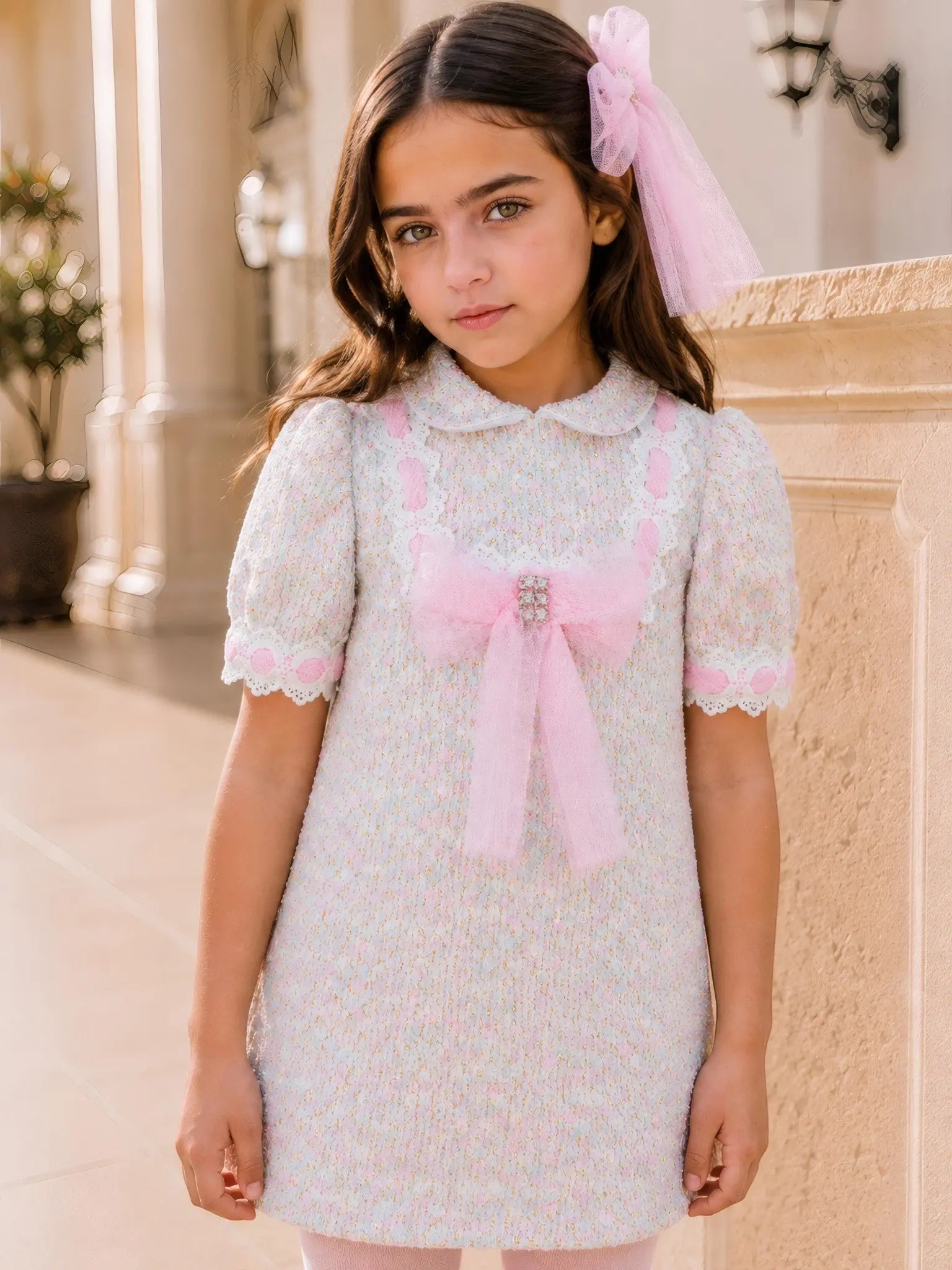 AW26 Naxos Pink Tweed Tulle Girls A Line Dress Naxos