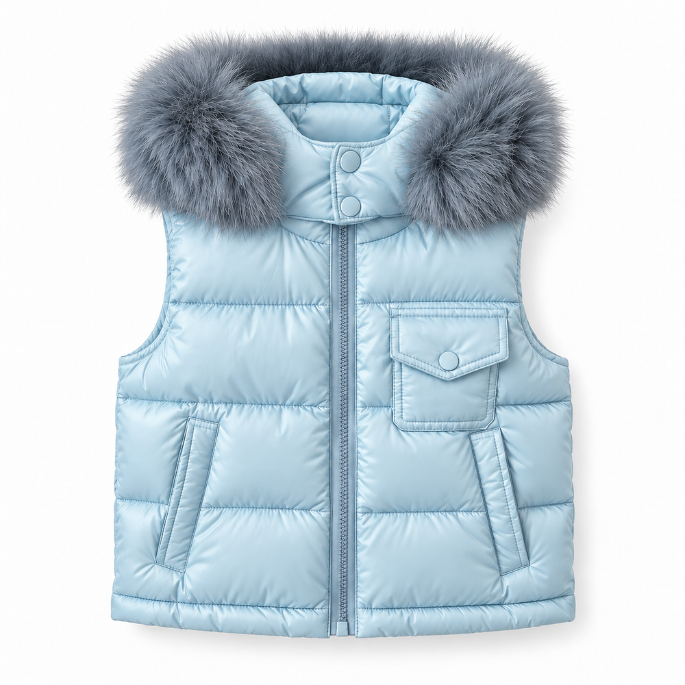AW26 Baby Blue Fur Hood Gillet Puffer Jacket