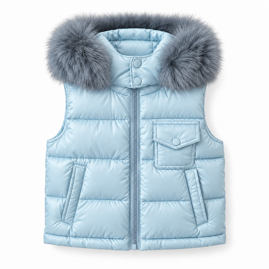 AW26 Baby Blue Fur Hood Gillet Puffer Jacket