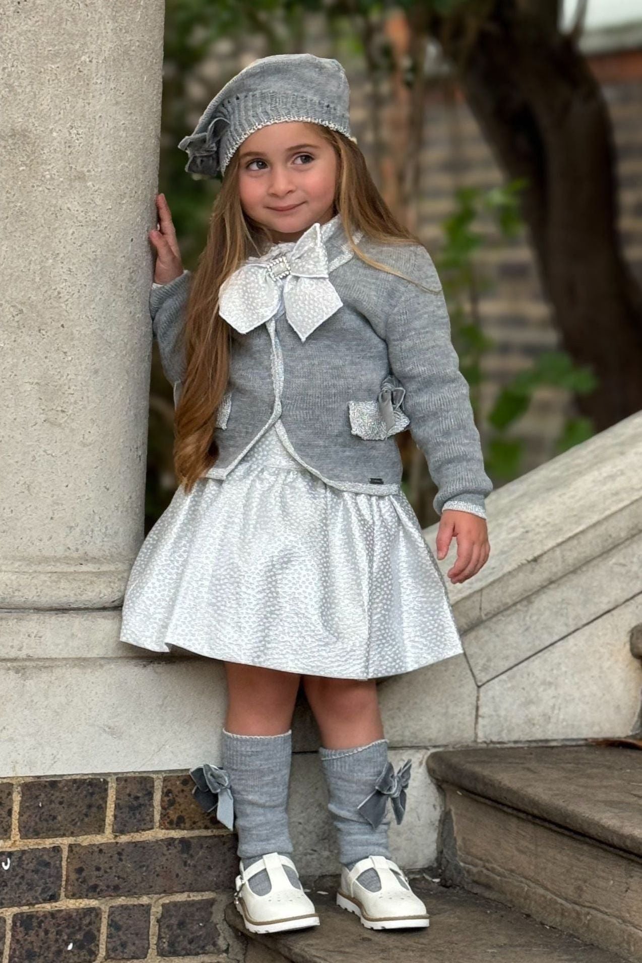 AW24 Naxos Girls Silver Croc Skirt Set with Knitted Blazer, Hat & Socks