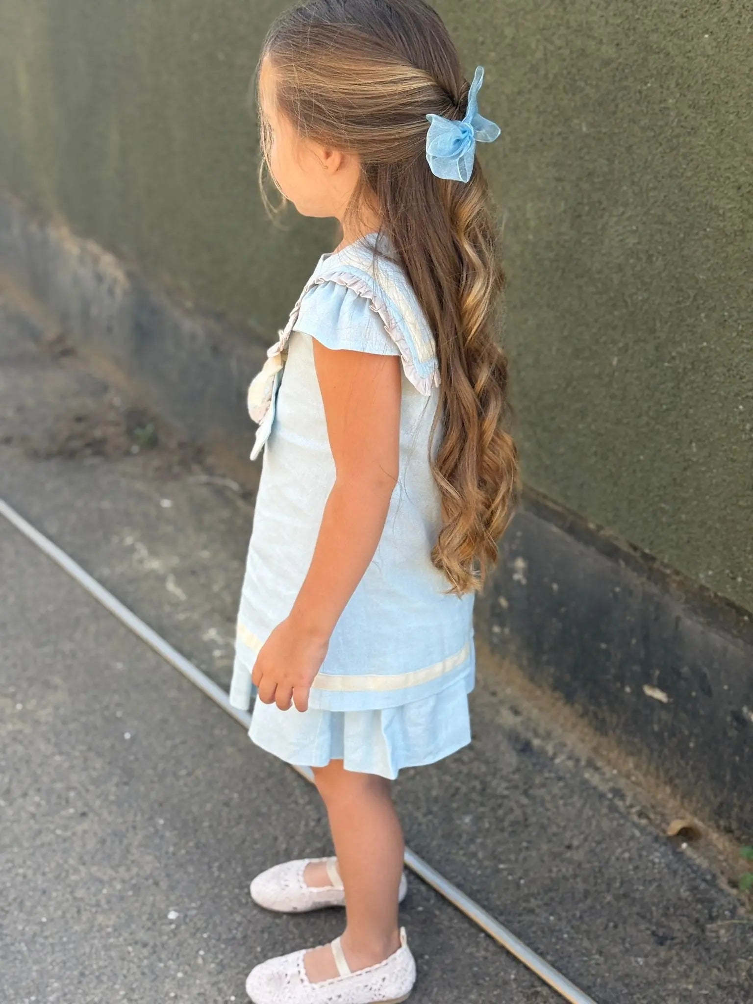 Exclusive Girls Baby Blue Linen Sailor A Line Dress Basmarti