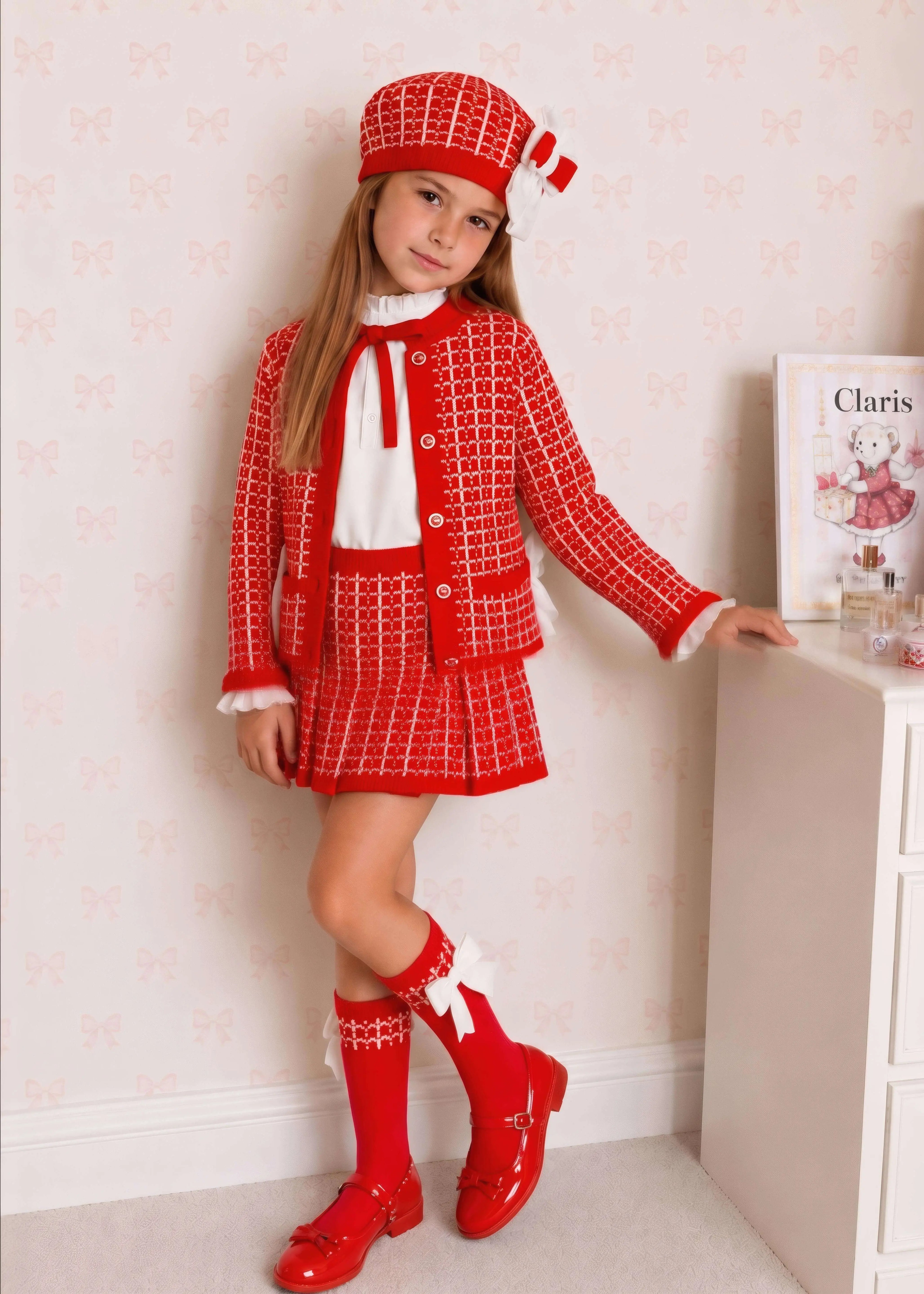 AW26 Rahigo Red Knit Skirt Set with Cardigan, Beret & Socks Rahigo Moda Infantil