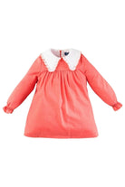 Coral pink girls long sleeve dress with white ruffled collar on white background