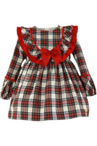 Girls long-sleeve plaid dress with red ruffle trim and bow detail