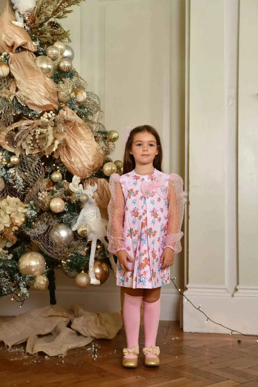 AW26 Babine Girls Gingerbread Organza Arms Dress in pink check, available in sizes 3-14 years.